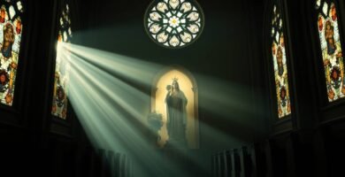 Bild einer leeren Kirche mit der Statue der Jungfrau Maria in der Mitte, einem Fenster mit runden religiösen Ornamenten und Fenstern an den Seiten, aus denen Lichtstrahlen einfallen und die gesamte Szene erhellen.