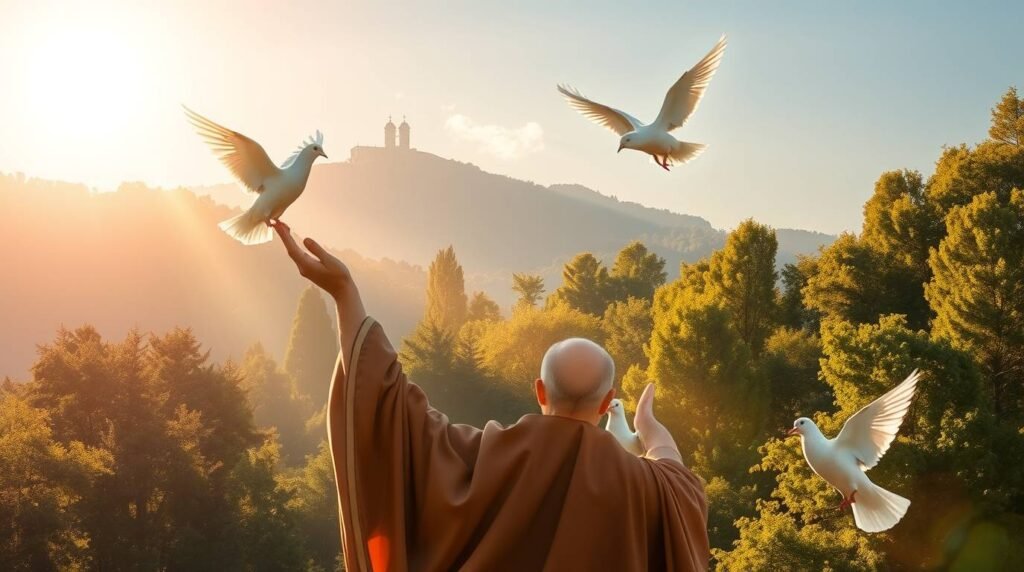 Bild des Rückens eines Priesters, der im Morgengrauen eine wunderschöne Landschaft betrachtet, um die ihn weiße Tauben herumfliegen