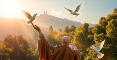 Bild des Rückens eines Priesters, der im Morgengrauen eine wunderschöne Landschaft betrachtet, um die ihn weiße Tauben herumfliegen