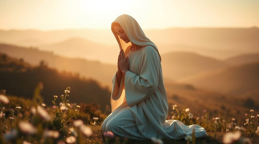 Bild der Jungfrau Maria, die auf einem Feld kniet und betet. Im Hintergrund ist eine Berglandschaft bei Sonnenuntergang zu sehen.