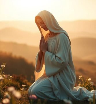 Bild der Jungfrau Maria, die auf einem Feld kniet und betet. Im Hintergrund ist eine Berglandschaft bei Sonnenuntergang zu sehen.