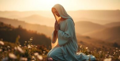 Bild der Jungfrau Maria, die auf einem Feld kniet und betet. Im Hintergrund ist eine Berglandschaft bei Sonnenuntergang zu sehen.