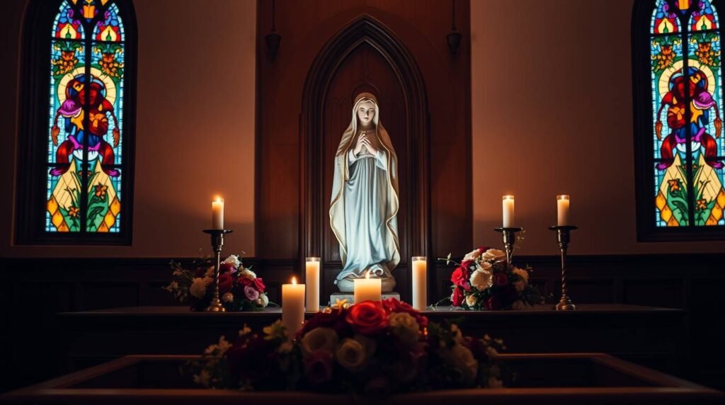 Bild des Innenraums einer Kirche mit dem Altar mit einem Bild der Jungfrau Maria um Blumensträuße und brennende Kerzen, an den Seiten befinden sich zwei Fenster mit religiösen Dekorationen