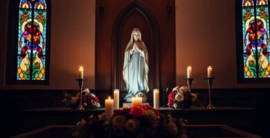 Bild des Innenraums einer Kirche mit dem Altar mit einem Bild der Jungfrau Maria um Blumensträuße und brennende Kerzen, an den Seiten befinden sich zwei Fenster mit religiösen Dekorationen