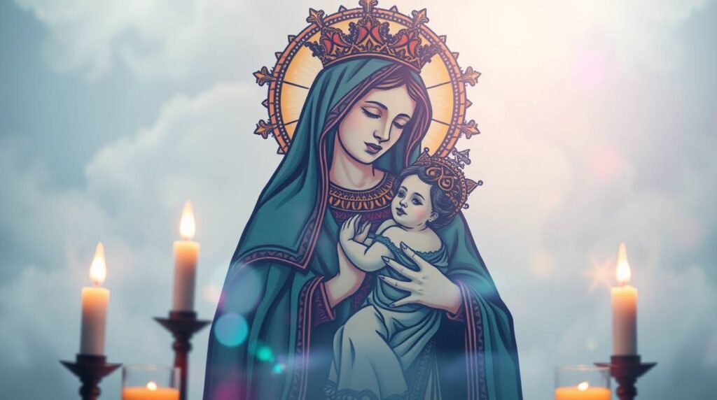 Bild eines Gemäldes der Jungfrau Maria mit Jesus Christus in ihren Armen, um sie herum sind Kerzen und im Hintergrund ist ein Himmel voller weißer Wolken