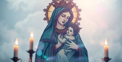 Bild eines Gemäldes der Jungfrau Maria mit Jesus Christus in ihren Armen, um sie herum sind Kerzen und im Hintergrund ist ein Himmel voller weißer Wolken