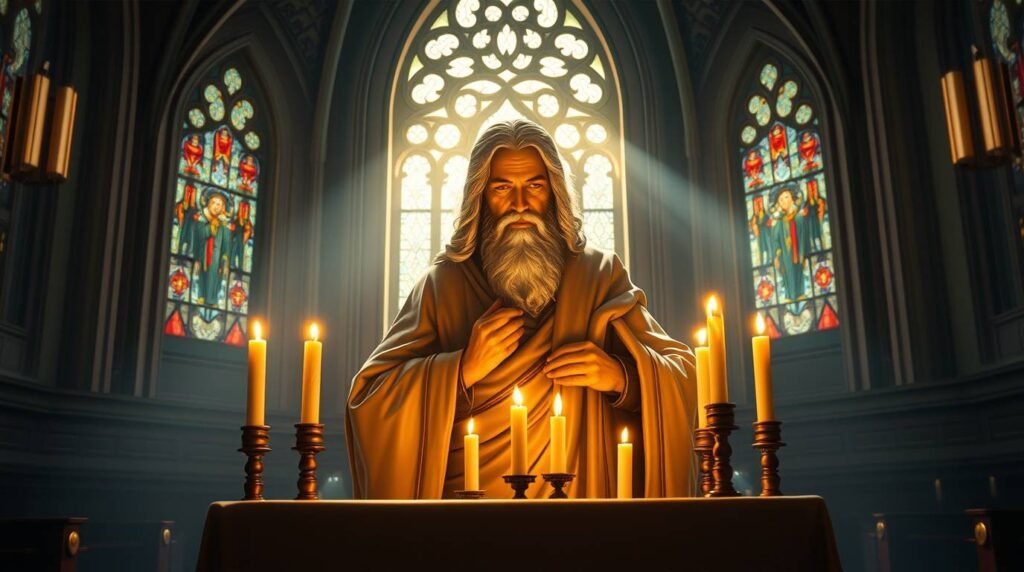 Bild eines Priesters, der in einer Kirche mit einigen brennenden Kerzen betet, im Hintergrund ein Fenster, aus dem Lichtstrahlen auf seinen Rücken fallen