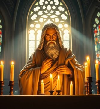 Bild eines Priesters, der in einer Kirche mit einigen brennenden Kerzen betet, im Hintergrund ein Fenster, aus dem Lichtstrahlen auf seinen Rücken fallen