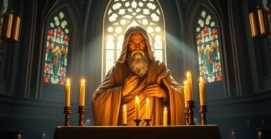 Bild eines Priesters, der in einer Kirche mit einigen brennenden Kerzen betet, im Hintergrund ein Fenster, aus dem Lichtstrahlen auf seinen Rücken fallen