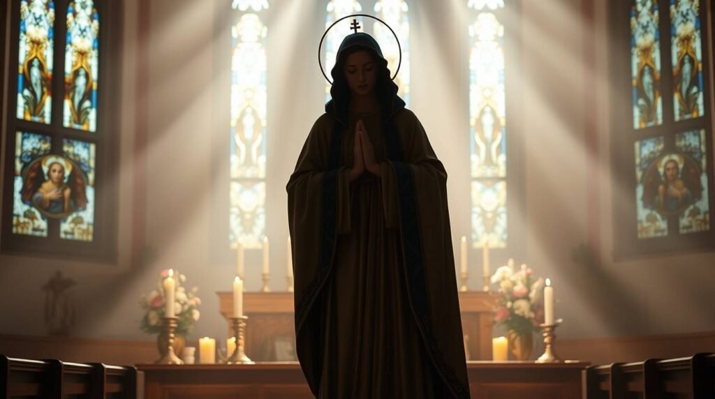 Bild der Silhouette der betenden Jungfrau Maria in einer leeren Kirche, in die Lichtstrahlen durch mit religiösen Symbolen geschmückte Fenster einfallen