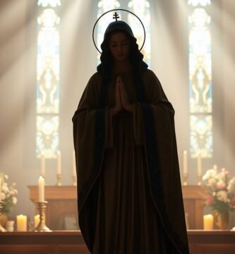 Bild der Silhouette der betenden Jungfrau Maria in einer leeren Kirche, in die Lichtstrahlen durch mit religiösen Symbolen geschmückte Fenster einfallen