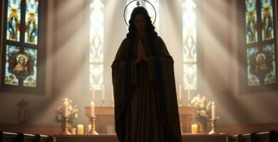 Bild der Silhouette der betenden Jungfrau Maria in einer leeren Kirche, in die Lichtstrahlen durch mit religiösen Symbolen geschmückte Fenster einfallen