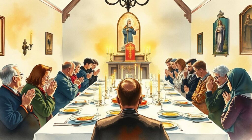 Leinwandbild mit einer großen Gruppe von Menschen, die an einem Tisch sitzen und beten, kurz vor dem Abendessen