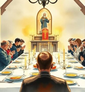 Leinwandbild mit einer großen Gruppe von Menschen, die an einem Tisch sitzen und beten, kurz vor dem Abendessen