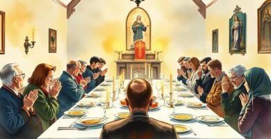Leinwandbild mit einer großen Gruppe von Menschen, die an einem Tisch sitzen und beten, kurz vor dem Abendessen