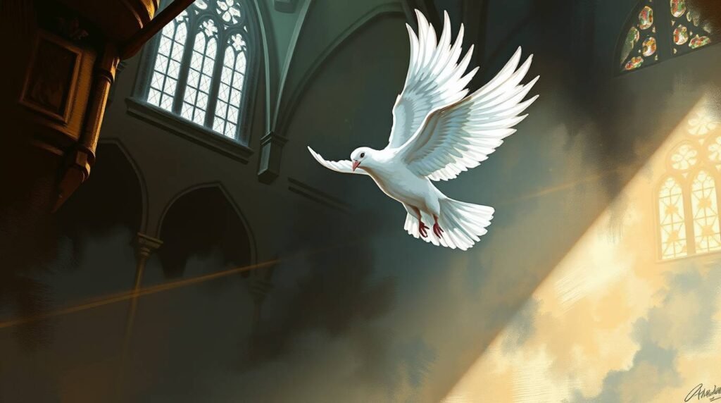 Leinwandartiges Bild einer weißen Taube, die durch das Innere einer leeren Kirche fliegt, wobei ein helles Licht einen Teil des Raumes erhellt.