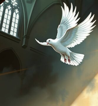 Leinwandartiges Bild einer weißen Taube, die durch das Innere einer leeren Kirche fliegt, wobei ein helles Licht einen Teil des Raumes erhellt.