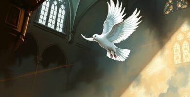 Leinwandartiges Bild einer weißen Taube, die durch das Innere einer leeren Kirche fliegt, wobei ein helles Licht einen Teil des Raumes erhellt.