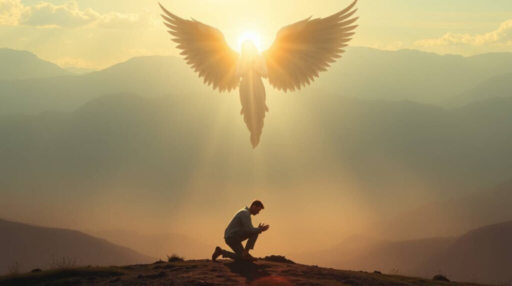 Bild eines Mannes, der auf einem Berg steht und betet. Am Himmel erleuchtet ihn ein Engel und gewährt ihm Schutz.