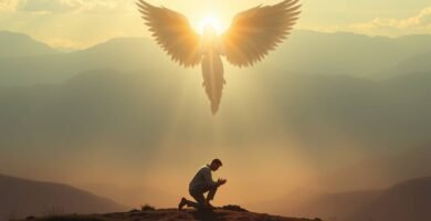 Bild eines Mannes, der auf einem Berg steht und betet. Am Himmel erleuchtet ihn ein Engel und gewährt ihm Schutz.