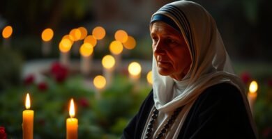 Bild der Heiligen Teresa, die ins Leere blickt, mit brennenden Kerzen an der Seite, im Hintergrund ein Garten mit unscharfen Rosen und brennenden Kerzen (oder: im Hintergrund ein unscharfer Rosengarten mit brennenden Kerzen).