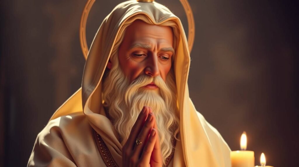 Bild eines alten Mannes in einem weißen Gewand, der mit einigen brennenden Kerzen an der Seite betet, im Hintergrund eine dunkelbraune Wand mit weißen Flecken