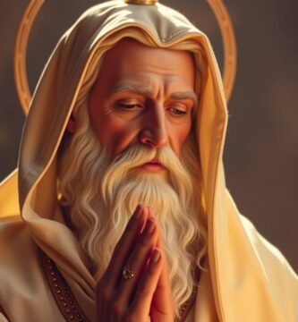 Bild eines alten Mannes in einem weißen Gewand, der mit einigen brennenden Kerzen an der Seite betet, im Hintergrund eine dunkelbraune Wand mit weißen Flecken