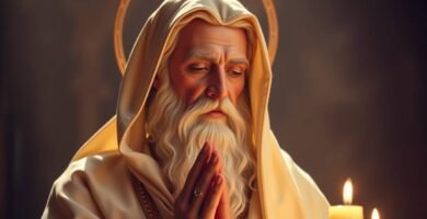 Bild eines alten Mannes in einem weißen Gewand, der mit einigen brennenden Kerzen an der Seite betet, im Hintergrund eine dunkelbraune Wand mit weißen Flecken