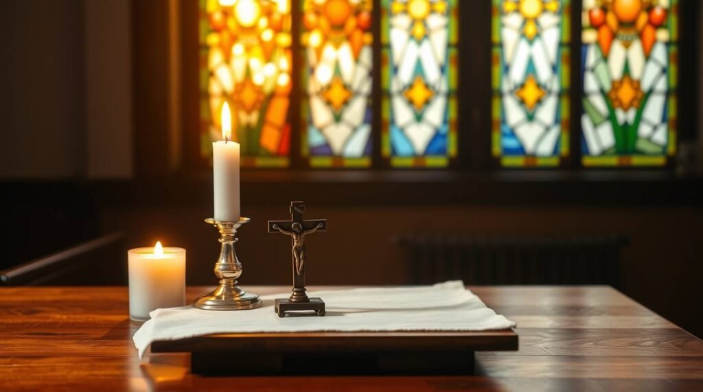 Bild des Innenraums einer Pfarrei mit einem Tisch, auf dem einige brennende Kerzen, ein Kruzifix und einige Servietten stehen