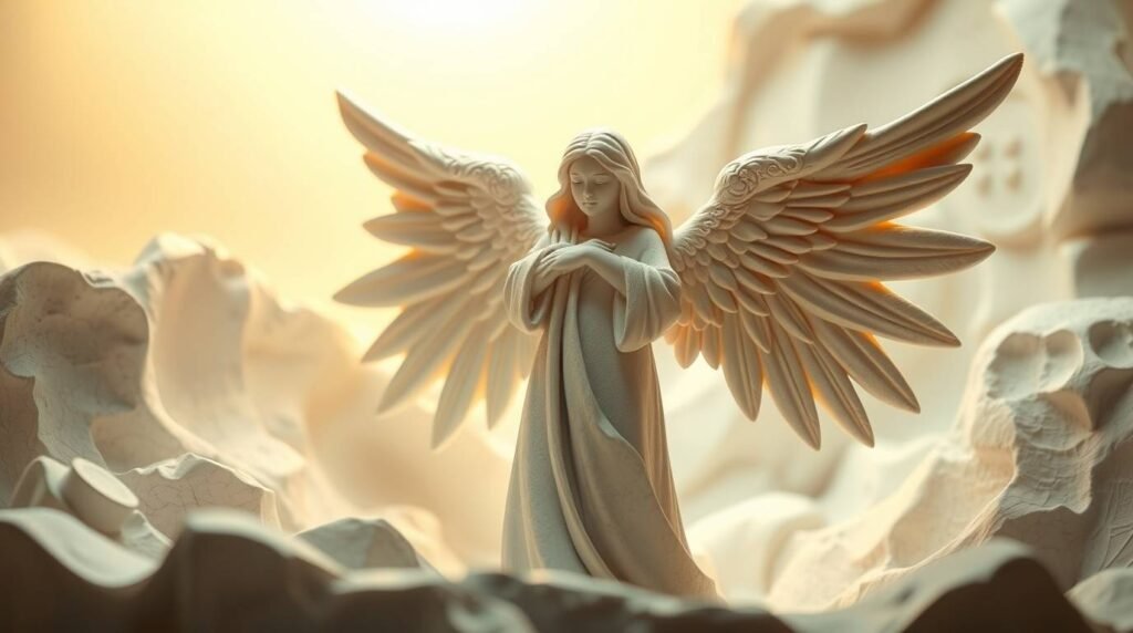 Bild im Stil einer handgefertigten Keramik in Weiß, das einen Schutzengel vor einem Hintergrund zeigt, der wie weiße Felsen aussieht, wobei ein intensives Licht im Hintergrund des Bildes strahlt.