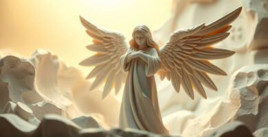 Bild im Stil einer handgefertigten Keramik in Weiß, das einen Schutzengel vor einem Hintergrund zeigt, der wie weiße Felsen aussieht, wobei ein intensives Licht im Hintergrund des Bildes strahlt.