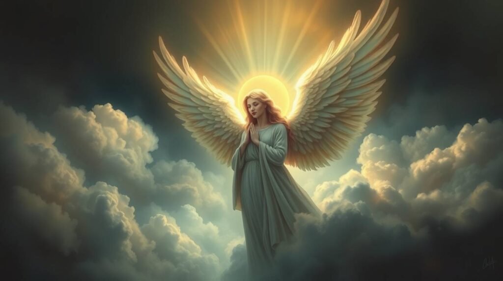 Bild eines Engels im Himmel mit den Händen auf der Brust beim Beten, um einen Himmel voller Wolken und ein intensives Licht, das hinter ihr ausgeht