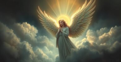 Bild eines Engels im Himmel mit den Händen auf der Brust beim Beten, um einen Himmel voller Wolken und ein intensives Licht, das hinter ihr ausgeht