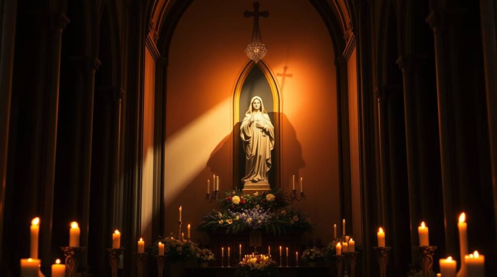 Bild des Innenraums einer Kirche mit Blick auf den Altar, Kerzen darum herum und einem Bild der Jungfrau Maria in der Mitte mit einem Kreuz darüber.