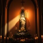 Bild des Innenraums einer Kirche mit Blick auf den Altar, Kerzen darum herum und einem Bild der Jungfrau Maria in der Mitte mit einem Kreuz darüber.