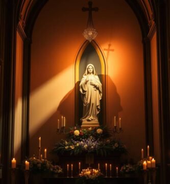 Bild des Innenraums einer Kirche mit Blick auf den Altar, Kerzen darum herum und einem Bild der Jungfrau Maria in der Mitte mit einem Kreuz darüber.