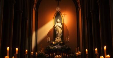 Bild des Innenraums einer Kirche mit Blick auf den Altar, Kerzen darum herum und einem Bild der Jungfrau Maria in der Mitte mit einem Kreuz darüber.