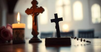 Bild eines Tisches mit einem Rosenkranz, einem Kreuz, einer brennenden Kerze und einer leeren Kirche im Hintergrund