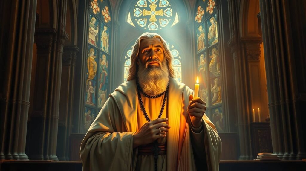 Bild eines Priesters mit langem Bart im Inneren einer Kirche, in der Hand hält er eine brennende Kerze, die die Szene beleuchtet.