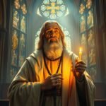 Bild eines Priesters mit langem Bart im Inneren einer Kirche, in der Hand hält er eine brennende Kerze, die die Szene beleuchtet.