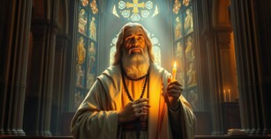 Bild eines Priesters mit langem Bart im Inneren einer Kirche, in der Hand hält er eine brennende Kerze, die die Szene beleuchtet.