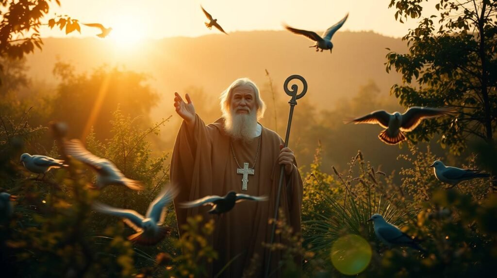 Bild eines älteren Mannes mitten in einem Wald mit einem Sonnenaufgang im Hintergrund, im Vordergrund fliegt eine Gruppe Vögel herum.