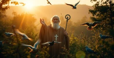 Bild eines älteren Mannes mitten in einem Wald mit einem Sonnenaufgang im Hintergrund, im Vordergrund fliegt eine Gruppe Vögel herum.