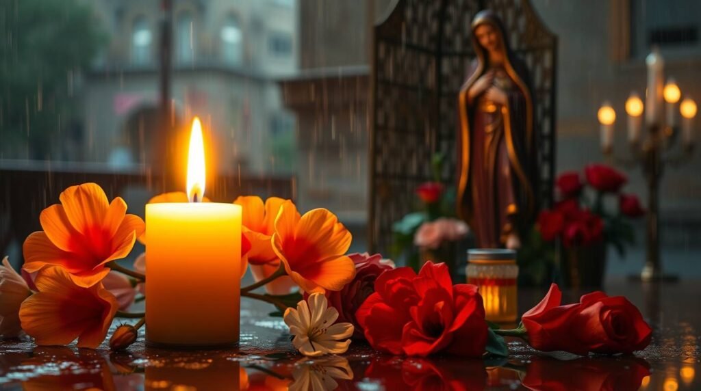 Bild eines Gebetsortes oder einer kleinen Kapelle mit einem Tisch mit Blumen und einer brennenden Kerze, im Hintergrund das Bild der Jungfrau