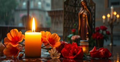 Bild eines Gebetsortes oder einer kleinen Kapelle mit einem Tisch mit Blumen und einer brennenden Kerze, im Hintergrund das Bild der Jungfrau