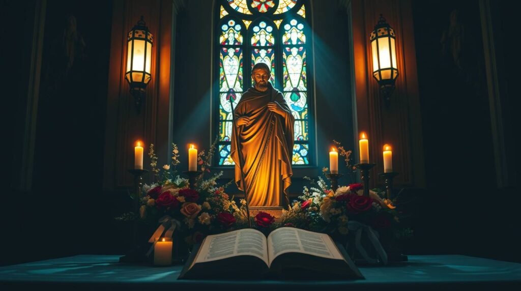 Bild des Inneren eines Kirchenaltars/Kanzel mit einer aufgeschlagenen Bibel in der Mitte, Kerzen an den Seiten und roten Blumen. In der Mitte befindet sich eine Miniaturstatue/ein kleines Bild von Jesus.