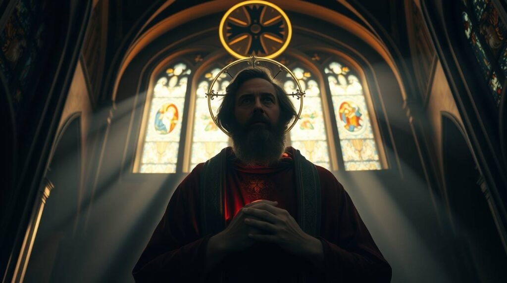 Bild eines Priesters, der in einer Kirche nach vorne blickt und von einigen Fenstern Licht auf seinen Rücken scheint.