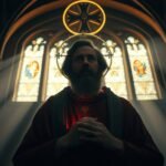 Bild eines Priesters, der in einer Kirche nach vorne blickt und von einigen Fenstern Licht auf seinen Rücken scheint.