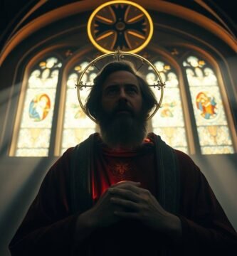 Bild eines Priesters, der in einer Kirche nach vorne blickt und von einigen Fenstern Licht auf seinen Rücken scheint.