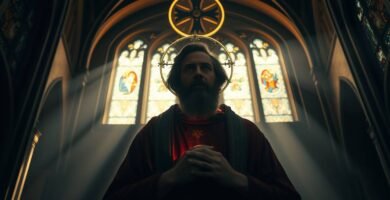 Bild eines Priesters, der in einer Kirche nach vorne blickt und von einigen Fenstern Licht auf seinen Rücken scheint.